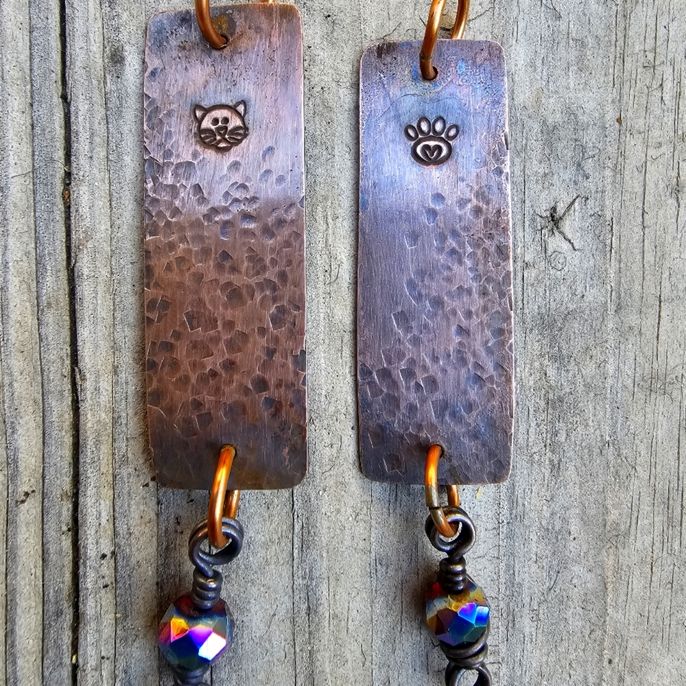 Stamped Copper Cat and Paw Pendants